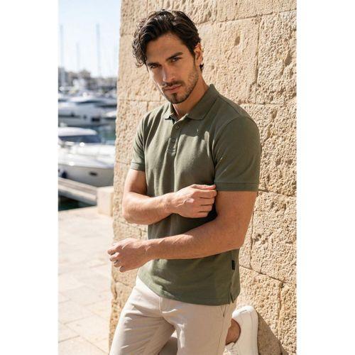 Orlando Polo Yaka Pike Kumaş Relaxed Fit Basic Düğmeli Relaxed Fit Erkek T-Shirt - Haki
