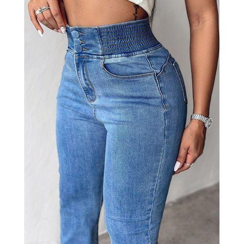 Kadın Yüksek Bel Yanları Lastik önü Düğmeli Kot Pantolon