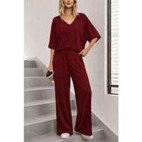 Kadın Kısa Kollu V Yakalı Viskon Bluz Ve Pantolon Ikili Takım