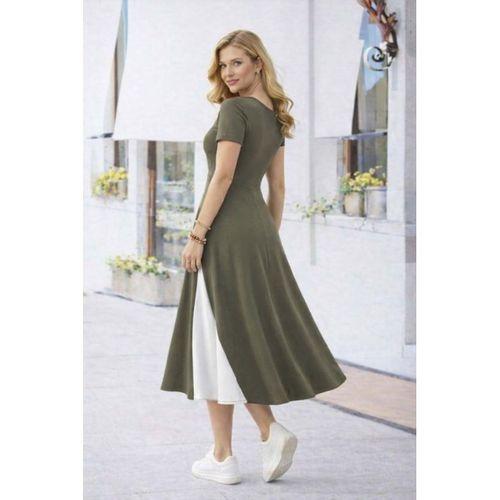 Kadın Kısa Kollu Asimetrik Yakalı Düğme Detaylı Midi Viskon Elbise