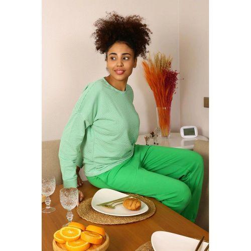 Kadın Uzun Kol 3 İplik Penye Pijama Takım Yeşil