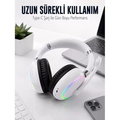 Beyaz Bluetooth 5.0 Mikrofonlu Kablosuz Kulak Üstü Kulaklık Rgb Işıklı Type-c Şarjlı