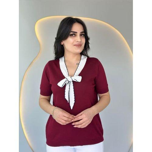 Kadın Kısa Kollu V Yaka Fular Detay Merserize Triko Bbluz