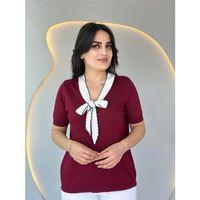 Kadın Kısa Kollu V Yaka Fular Detay Merserize Triko Bbluz