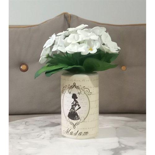 2 Adet Vazo Dahil,Vazoda Çiçek,Beyaz Yapay Çiçek,Vazo Çiçeklik Dekoratif Madam Desenli 7X7X16Cm