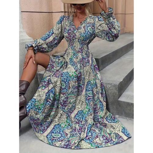 Kadın Uzun Kollu Kruvaze Yakalı Desenli Süprem Maxi Elbise