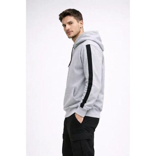 Erkek Şeritli Kapüşonlu Sweatshirt Oversize 3 Iplik Pamuklu - Beyaz