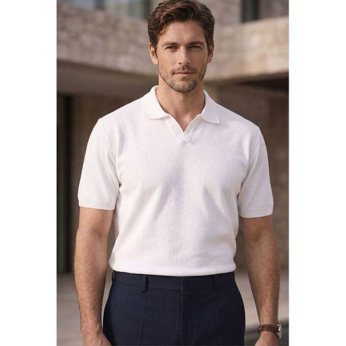 Dawson Polo V Yaka Düğmesiz Kısa Kollu İnce Triko Erkek T-Shirt - Ekru