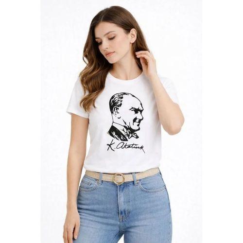 Atatürk Baskılı Tişört Kısa Kollu Bisiklet Yaka T-Shirt - Beyaz