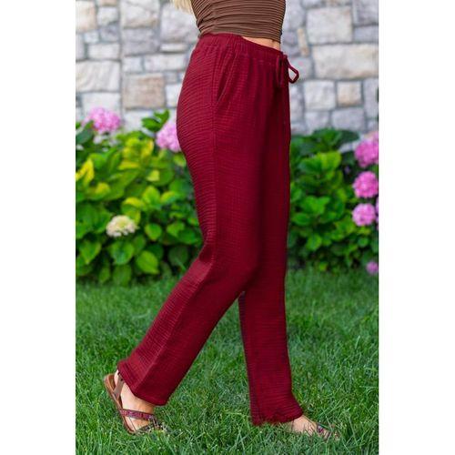 Beli Lastikli Multi Çift Cepli Müslin Kadın/Erkek Unisex Yazlık Pantolon Bordo Brd