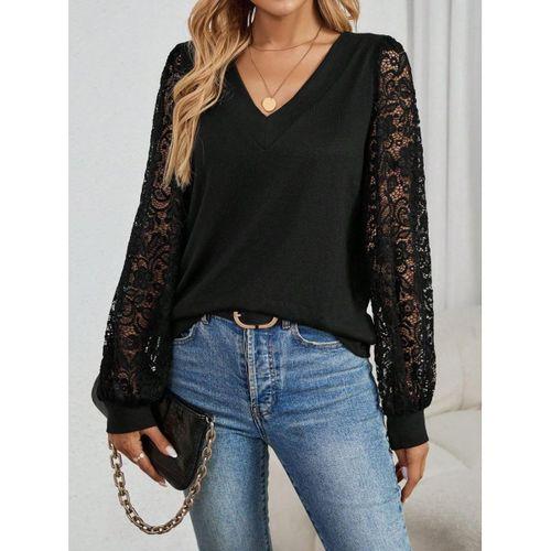 Kadın Uzun Kollu V Yakalı Dantelli Viskon Iki Iplik Bluz