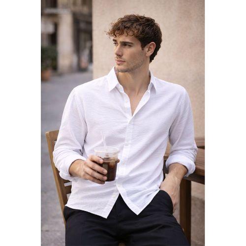 Pera Kumaş Keten Görünümlü Yarım Oversize Uzun kollu Erkek Gömlek - Beyaz