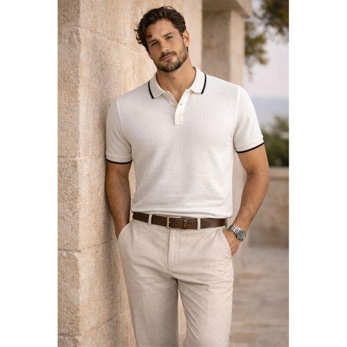 Balzac Yakası Şeritli Düğmeli Polo Yaka Basic Günlük Petek Örgü Triko Erkek T-Shirt - Ekru