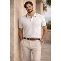 Balzac Yakası Şeritli Düğmeli Polo Yaka Basic Günlük Petek Örgü Triko Erkek T-Shirt - Ekru