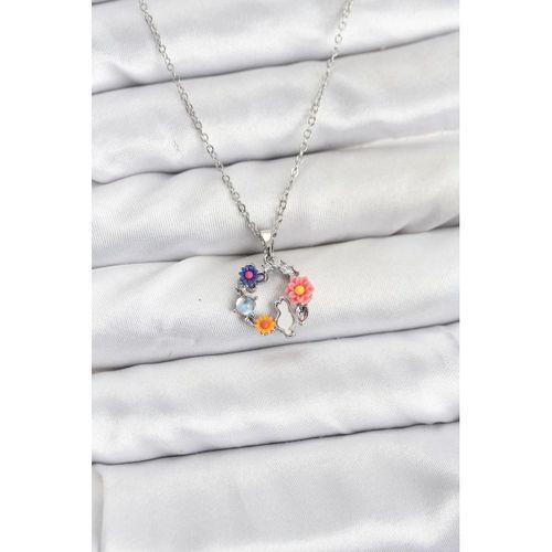 316L Çelik Zincir Gümüş Renk Çiçekli Kedili Model Kadın Kolye