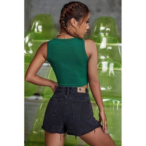 Kadın Yeşil Kare Yaka Crop Top Bluz