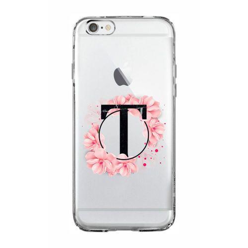 iPhone 6 Plus Pembe Çiçek Desen T Harfli Şeffaf Kılıf