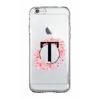 iPhone 6 Plus Pembe Çiçek Desen T Harfli Şeffaf Kılıf