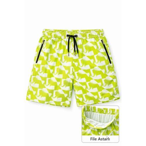 Erkek Deniz Şortu Fermuarlı Cepli File Astarlı Hızlı Kuruyan Premium - Sarı