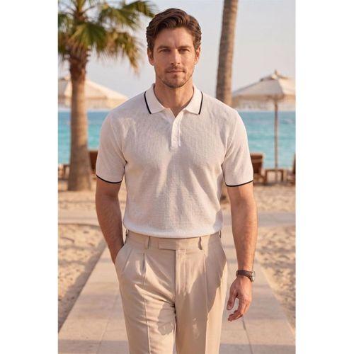 Balzac Yakası Şeritli Düğmeli Polo Yaka Basic Günlük Petek Örgü Triko Erkek T-Shirt - Ekru
