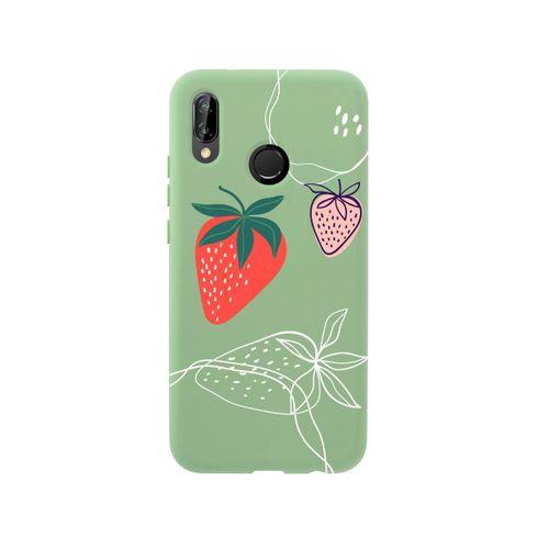 Huawei P20 Lite Çilek Desenli Premium Silikonlu Yeşil Telefon Kılıfı