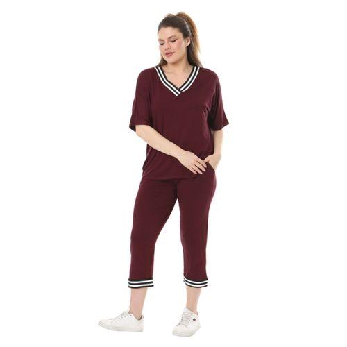 Melsay Butik Bordo V Yaka Şerit Detaylı Kısa Kollu Beli Lastikli Kapri Takım