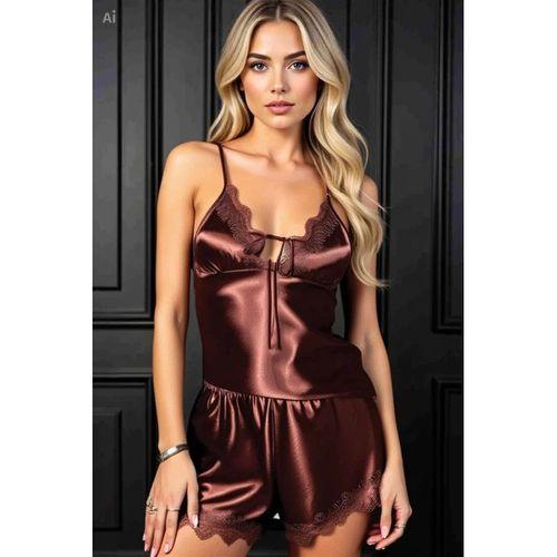 Kadın Kahverengi Askılı Dantel Detaylı Saten Pijama Takımı Şık Ve Rahat Tasarım