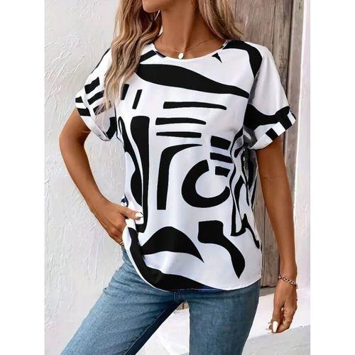 Kadın Kısa Kollu Yuvarlak Yaka Desenli Süprem Bluz