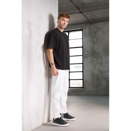 İki İplik Kumaş Pamuklu Bisiklet Yaka Basic Oversize Erkek T-Shirt - Siyah
