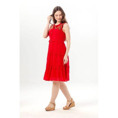 Kolsuz Mina Nakış Detaylı Bağcıklı Yaka Yazlık Vual Elbise Kırmızı Krmz