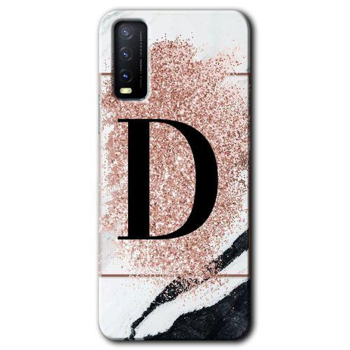 Vivo Y20 Kılıf HD Desen Baskılı Arka Kapak - Pembe Mermer Desenli D Harfi + Kırılmaz Cam