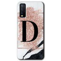Vivo Y20 Kılıf HD Desen Baskılı Arka Kapak - Pembe Mermer Desenli D Harfi + Kırılmaz Cam