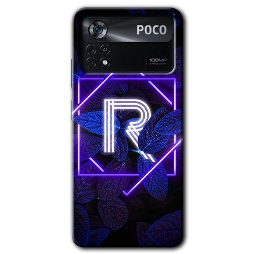 MRCİLETİSİM Poco x4 Pro Kılıf HD Desen Baskılı Arka Kapak + Temperli Cam - Dark Neon Yaprak R Harfi