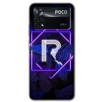 MRCİLETİSİM Poco x4 Pro Kılıf HD Desen Baskılı Arka Kapak + Temperli Cam - Dark Neon Yaprak R Harfi