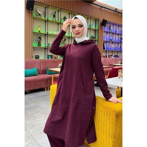 Kapşonlu Yandat Çıtçıtlı Sade Basic Uzun Tunik ve Pantolon İkili Spor Takım - 03071.020 - Mürdüm