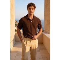 Aretus Şönil Kumaş Regular Fit Tek Düğmeli Polo Yaka Erkek T-Shirt - Kahve