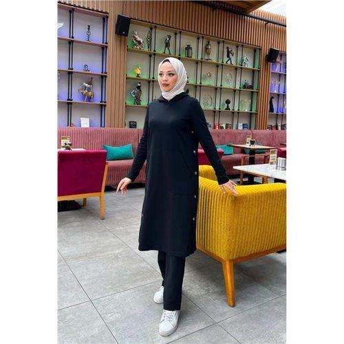 Kapşonlu Yandat Çıtçıtlı Sade Basic Uzun Tunik ve Pantolon İkili Spor Takım - 03071.003 - Siyah