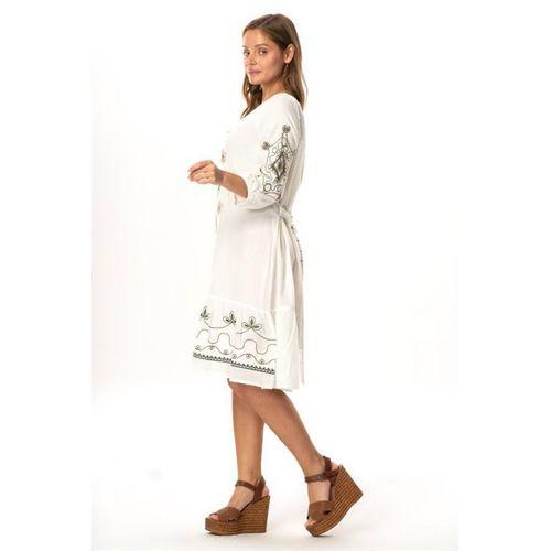Yarım Kol Vual Yeşim Kemer Detaylı Nakışlı Kısa Yazlık Elbise Beyaz Byz