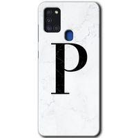 Potkal Hediye Fabrikası Samsung Galaxy A21s HD Baskılı Kılıf + 9D Tam Ekran Koruyucu - Beyaz Mermer Desenli P Harfi