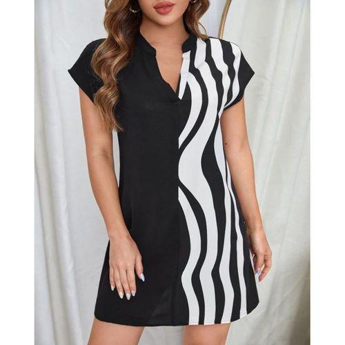 Kadın Dokuma Viskon Kumaş V Yaka Zebra Desenli Elbise