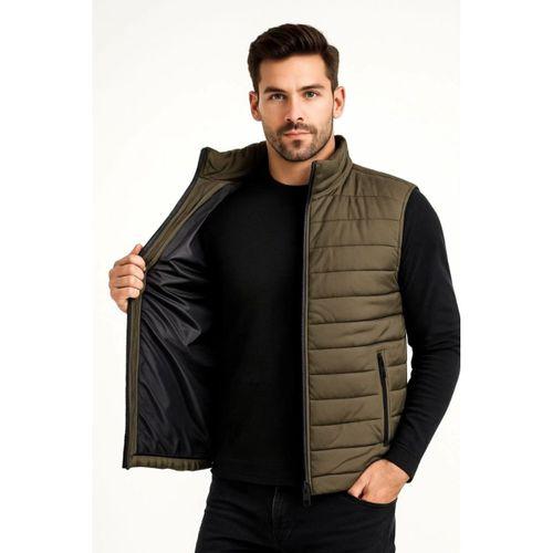 Erkek Şişme Fermuarlı Yelek Su Itici Kapitone Astarlı Kumaş Cepli Hafif Kışlık Spor Rahat Kalıp - Haki