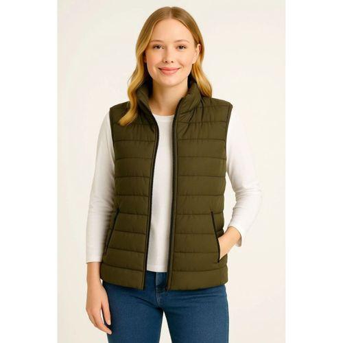 Şişme Fermuarlı Yelek Su Itici Kapitone Astarlı Kumaş Cepli Hafif Kışlık Spor Rahat Kalıp - Haki