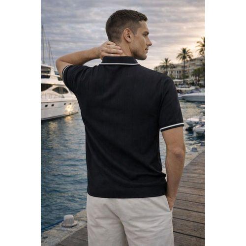 Jared Yakası Şeritli Dik Çizgili Yarım Fermuar İnce Triko Erkek T-Shirt - Siyah