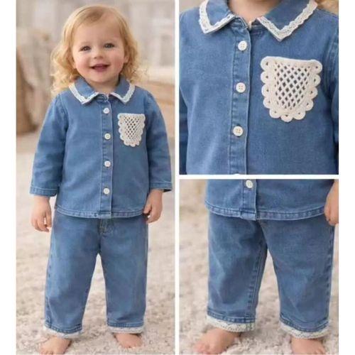 9-24 Ay Dantel Cep Detaylı Kot Bebek Takımı