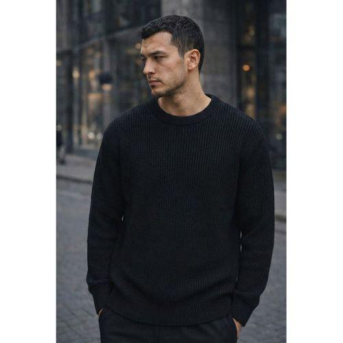 Pilar Oversize Selanik Örgülü Bisiklet Yaka Erkek Triko Kazak - Siyah