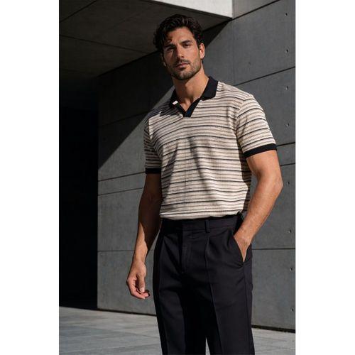 Gert Relaxed Fit Çizgili Pike Kumaş V Pat Polo Yaka T-Shirt - Siyah