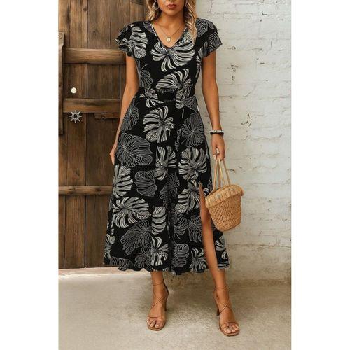 Kadın Kısa Kollu V Yakalı Desenli Yandan Yırtmaçlı Süprem Elbise