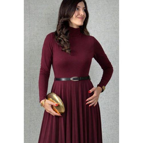 Kadın Uzun Kollu Balıkçı Yaka Kemersiz Pileli Uzun Sandy Elbise