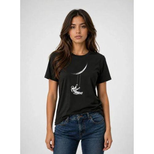 Astronot Ay Temalı Tişört Kısa Kol Yazlık Bisiklet Yaka T-Shirt - Siyah