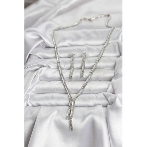 Gümüş Renk Baget Zirkon Taşlı Kadın Kolye Küpe Set